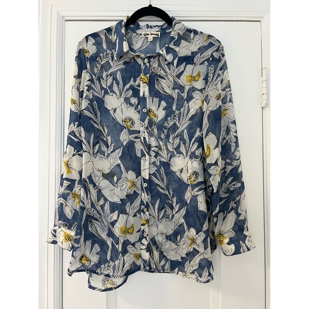 Hope Springs Blue and White Floral Button-Up Sheer Blouse Size L - Picture 2 of 7